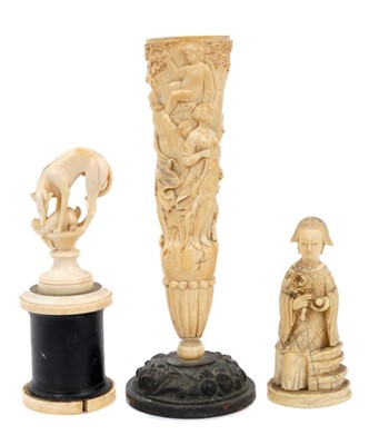 Lot 886 - 19th century French carved ivory spill vase, Chinese carved ivory figure and a carved animal group (3)