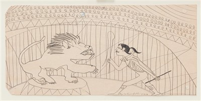 Lot 1298 - *Colin Self (b.1941) pencil on card - The Lion Tamer, signed and dated 3.12.96, from his Circus Series, in glazed frame, 19cm x 39cm