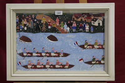 Lot 1301 - Marguerite Du Baux, 20th century French school gouache - The Boat Race, in glazed frame, 31cm x 47cm