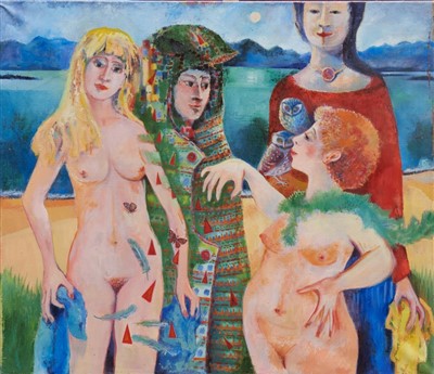 Lot 1303 - Audrey Pilkington (1922-2015) oil on canvas - The Bathing Party, signed, titled and dated ‘80, unframed, 92cm x 107cm