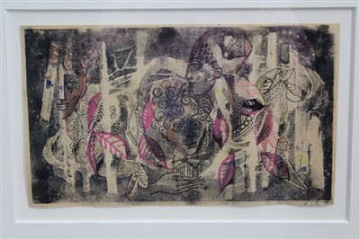 Lot 1304 - Audrey Pilkington (1922-2015) monotype with hand finishing - Egyptian Motif, in glazed frame, 18cm x 30cm