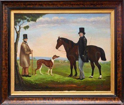 Lot 1158 - Victorian English school oil on canvas - figures with a pony and greyhound in a landscape, framed