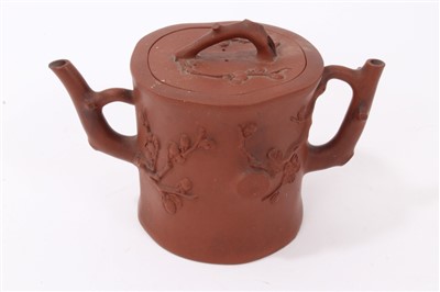 Lot 216 - Unusual 19th century Chinese terracotta glazed teapot and cover with double spouts, 16.5cm