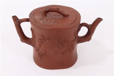 Lot 216 - Unusual 19th century Chinese terracotta glazed teapot and cover with double spouts, 16.5cm