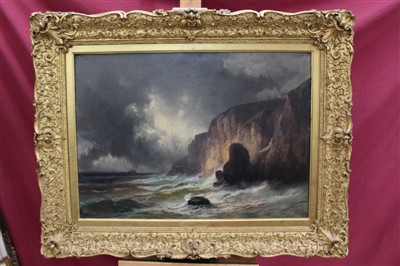 Lot 1208 - Victorian English school oil on canvas - waves breaking on the shore, bearing initials A.C, in gilt frame