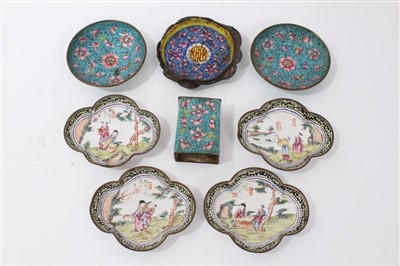Lot 164 - Four 19th century Canton enamel dishes, three others and similar matchbox cover