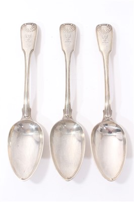 Lot 227 - Three George III silver fiddle, shell and thread pattern table spoons