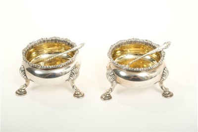 Lot 257 - Pair of Victorian cauldron salts and spoons together with two oil decanters