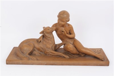 Lot 1044 - Ugo Cipriani (1887-1960) terracotta sculpture of a child with a dog, on plinth base. Signed
