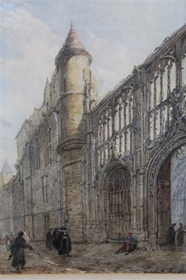 Lot 1308 - John Burgess (1814-1874) pair of watercolours - The Entrance to the Library, Rouen Cathedral and The Market Place, both signed and inscribed, in glazed gilt frames