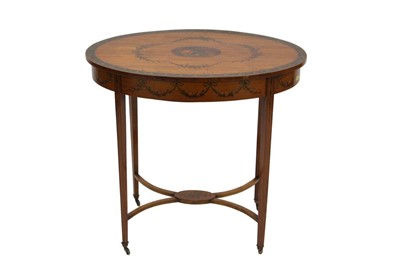 Lot 1547 - Edwardian satinwood and polychrome painted side table, oval top, 76cm wide and similar elbow chair