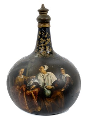 Lot 265 - 18th/19th c. Continental green glass bottle, hand-painted interior scene and gilt scroll decoration