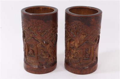 Lot 1062 - Pair 19th century Chinese carved bamboo brush pots