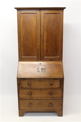 Lot 1494 - George III oak and pine country bureau cabinet