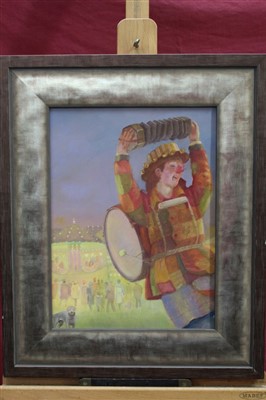 Lot 1384 - Peter Gardener, 20th century oil on board - The Entertaining Clown, framed, 40cm x 29cm