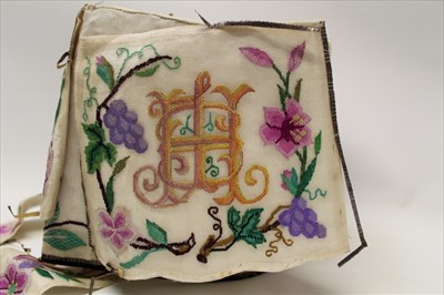 Lot 3058 - 19th Century embroidered hat, silk net embroidered in polychrome silk thread, grape vines, flowers and two sets of initials, metal tassels. Possibly for a wedding.