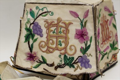 Lot 3058 - 19th Century embroidered hat, silk net embroidered in polychrome silk thread, grape vines, flowers and two sets of initials, metal tassels. Possibly for a wedding.