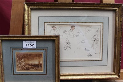 Lot 1152 - Early 20th century English school ink and wash sketches of race goers, 10.5cm x 16.5cm, together with a 19th century English school sepia watercolour - a landscape, 5cm x 7.5cm, both in glazed gilt...