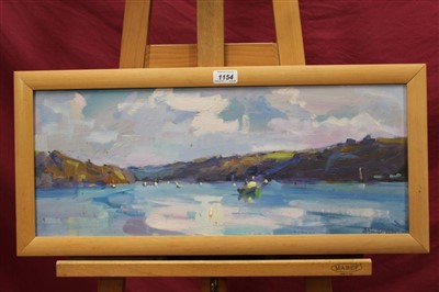 Lot 1154 - Robin Leonard (b.1960) oil on board - The harbour at Fowey, signed, framed,  23cm x 59cm