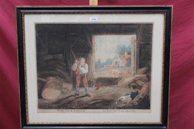 Lot 1160 - Early 19th century hand coloured engraving after R. Westall by W. Reynolds - The Thrasher, published 1801, in glazed gilt and ebonised frame