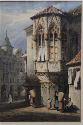 Lot 1161 - Samuel Prout (1783-1852) watercolour - a Prague street, signed, inscribed and dated 1836, in glazed gilt frame, 52cm x 36cm