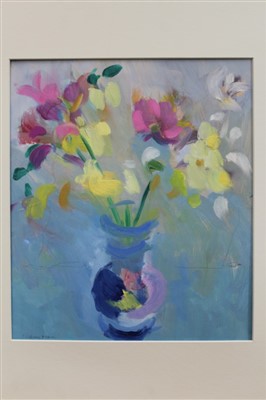 Lot 105 - *Irene Lesley Hope Main (b.1959) oil on board - still life of flowers, two similar oils on card