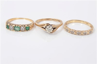 Lot 3220 - Emerald and diamond five stone ring and two 9ct gold rings