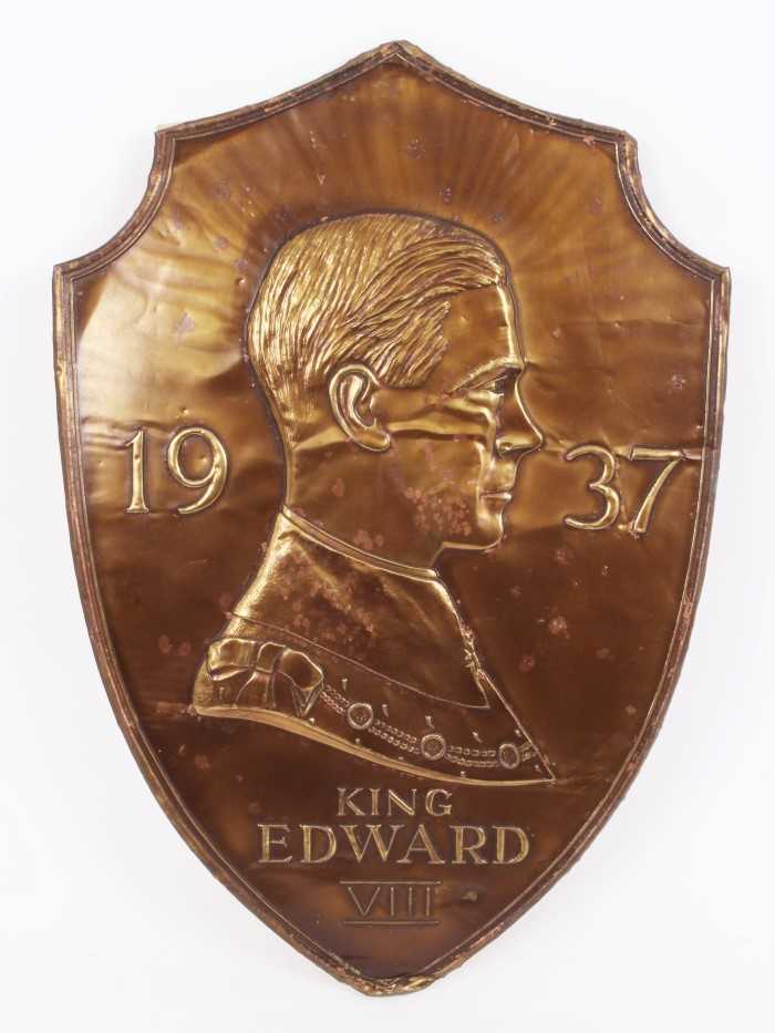 Lot 41 - 1930s King Edward VIII Coronation commemorative gilt metal shield embossed with profile portrait of Edward, 1937 and 'King Edward VIII' below, label to reverse, 44cm x 31cm