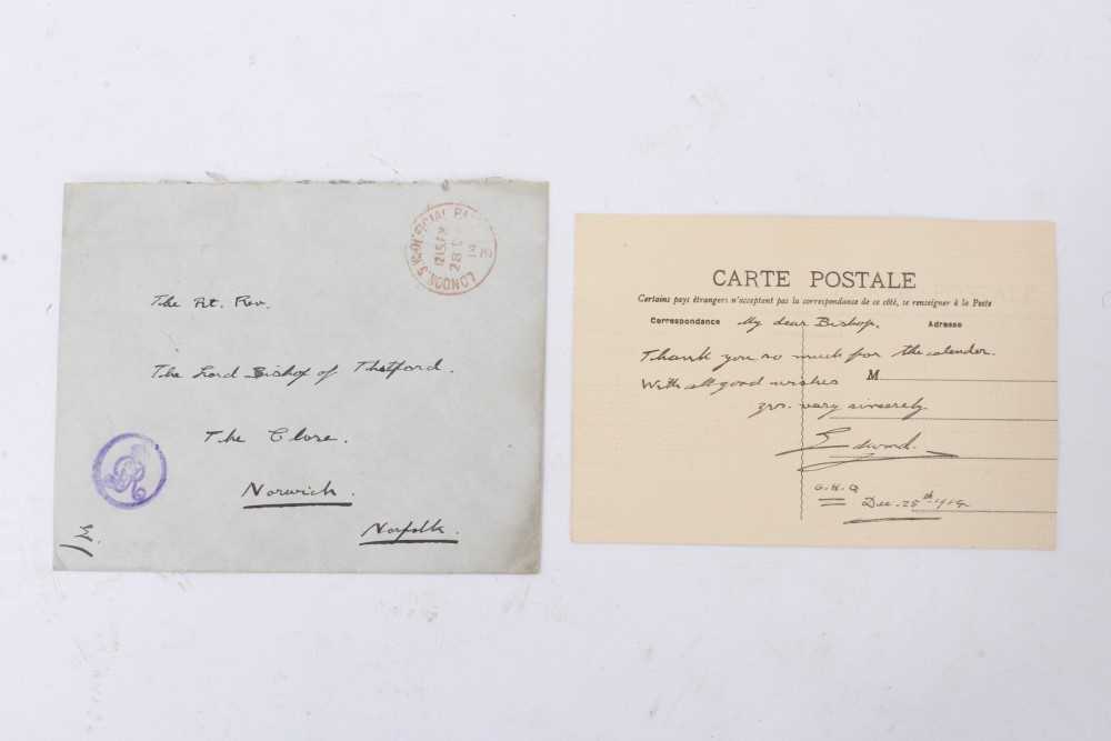 Lot 141 - HRH Edward Prince of Wales - First World War service letter sent to the Bishop of Thetford December 28th, 1914 - hand-written on a Hotel de Ville Saint Omer postcard - The Prince thanks