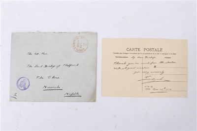 Lot 141 - HRH Edward Prince of Wales - First World War service letter sent to the Bishop of Thetford December 28th, 1914 - hand-written on a Hotel de Ville Saint Omer postcard - The Prince thanks