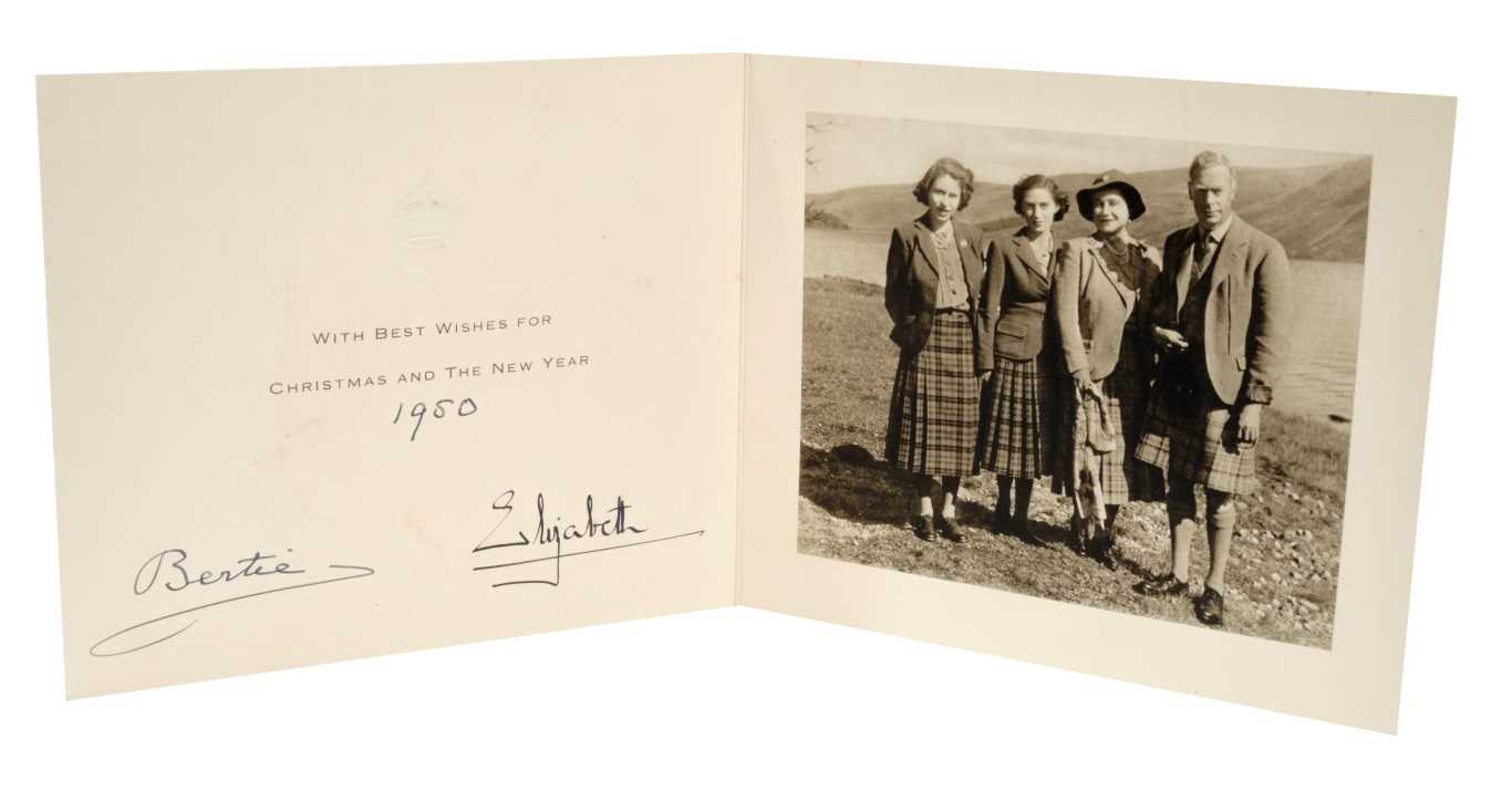 Lot 143 - TM King George VI and Queen Elizabeth - Rare 1950 family Christmas card signed and dated ‘Bertie 1950 Elizabeth’, with photograph of The Royal Family in the Highlands