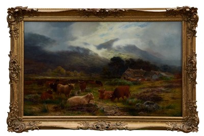 Lot 1163 - Louis Bosworth Hurt (1856-1929) oil on canvas - Highland Cattle At The Croft, signed and dated 1900, 61cm x 101.5cm, in gilt frame Provenance: Harrods Knightsbridge, October 1982