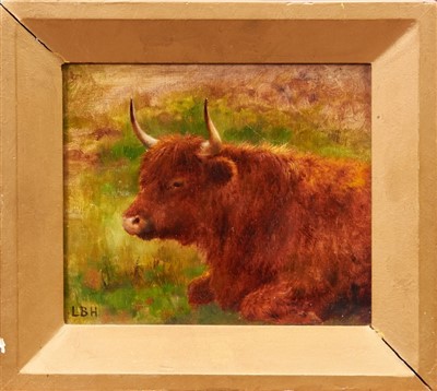 Lot 1164 - Louis Bosworth Hurt (1856-1929) oil on board - A Highland Cow, initialled, in gilt frame, 23cm x 26cm