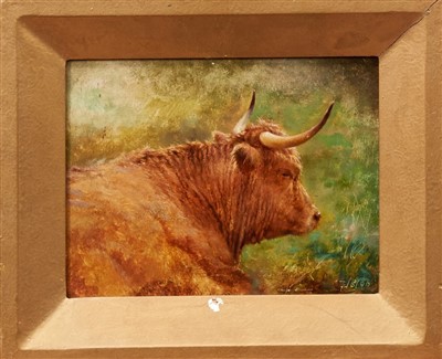 Lot 1165 - Louis Bosworth Hurt (1856-1929) oil on board - A Highland Cow, dated 7/8/96, in gilt frame, 19cm x 25cm