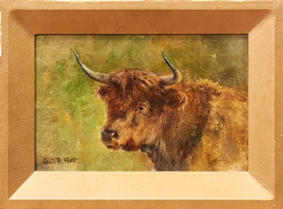 Lot 1166 - Louis Bosworth Hurt (1856-1929) oil on canvas - A Highland Cow, signed and dated ‘93, in gilt frame, 21cm x 31cm