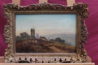 Lot 1168 - Walter Williams (1835-1906) oil on canvas - figures by a windmill on heathland, initialled, in gilt frame, 20cm x 30cm