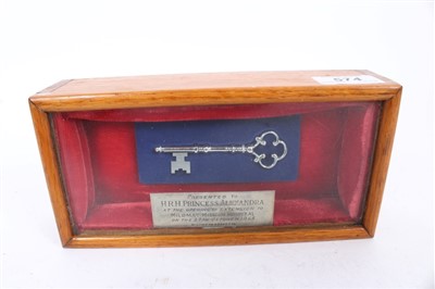 Lot 574 - Royal Interest - Presentation Key, Mounted in oak case, with plaque - “Presented to H.R.H. Princess Alexandra at the opening of extension to Mildmay Mission Hospital on the 27th