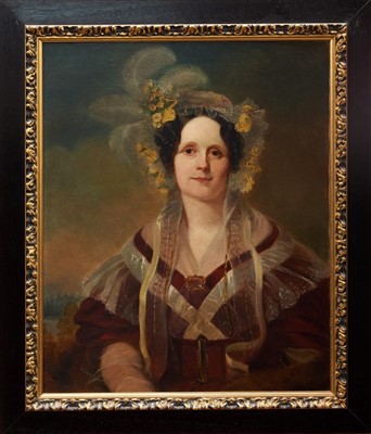 Lot 1181 - 19th century English school oil on canvas - portrait of a lady with flowers and feathers in her hair, in gilt and ebonised frame