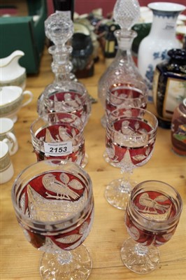Lot 2153 - Hofbauer Red Byrdes crystal set- 2 decanters & 6 glasses