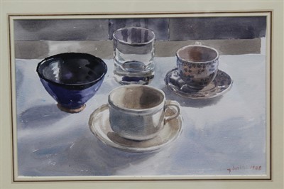 Lot 1190 - *Lucy Willis (b.1954) watercolour - still life of vessels, signed and dated 1988, in glazed gilt frame, 21cm x 33cm