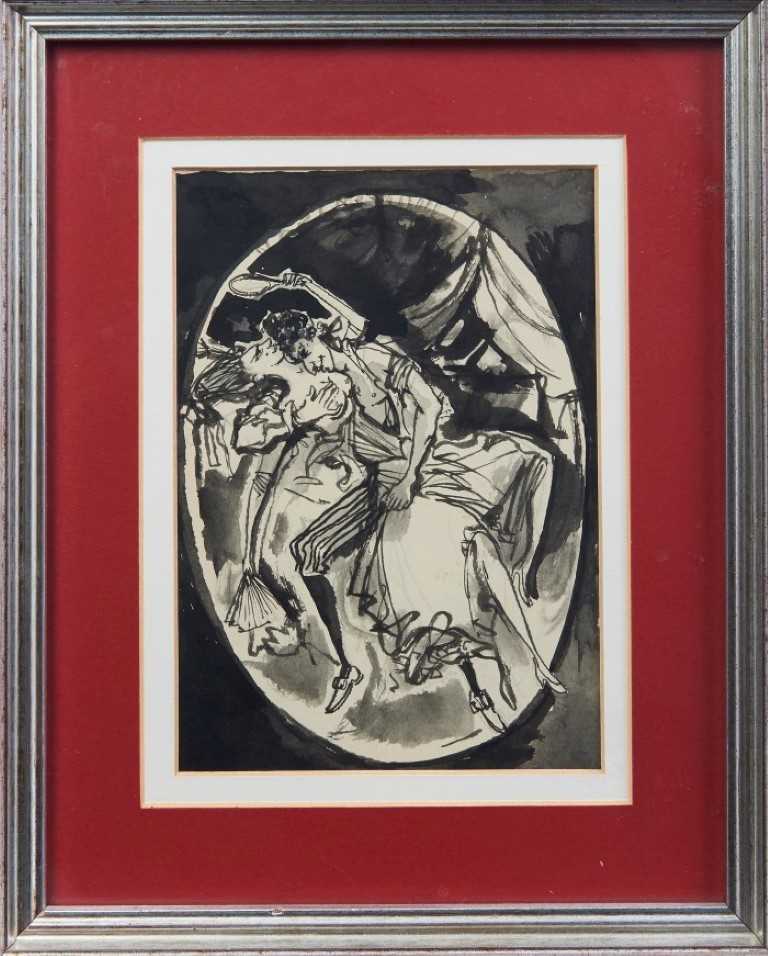 Lot 1236 - *John Minton (1917 - 1957), pen and ink - Illustration for Liliput, 17 x 12cm, framed, Exhibited: John Minton and Friends 1997, Michael Parkin Gallery