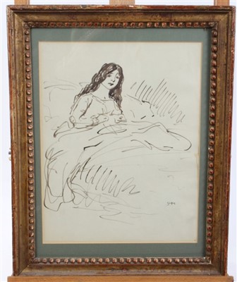 Lot 1237 - Théophile-Alexandre Steinlen (1859 - 1923), pen and ink - Surprised Girl in Bed, circa 1890, inscribed bottom right - 'St.', 27 x 22cm, framed.