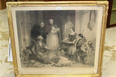Lot 113 - After Sir Edwin Landseer mid-nineteenth century engraving by Samuel Cousins - Bolton Abbey In Olden Times, published by Thomas Boys 1837, in glazed gilt frame, 67cm x 78cm.