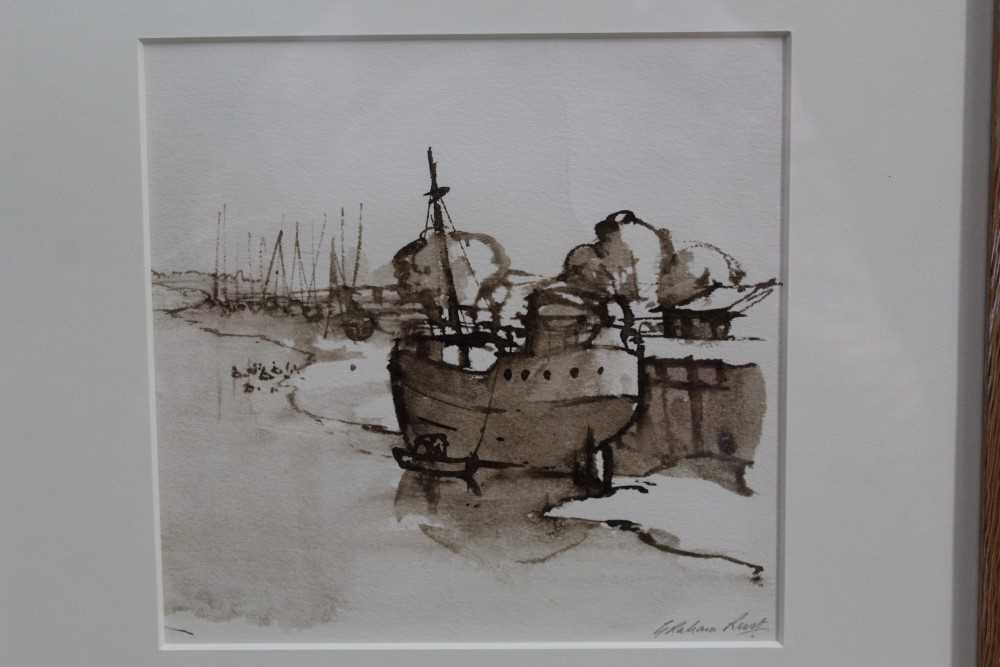 Lot 1193 - *Graham Rust (b.1942) sepia ink and wash - Maldon, Essex, 1965, signed, in glazed frame, 18cm square