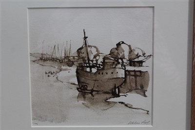 Lot 1193 - *Graham Rust (b.1942) sepia ink and wash - Maldon, Essex, 1965, signed, in glazed frame, 18cm square