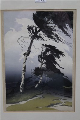 Lot 1195 - Oscar Droege (1898-1982) signed woodcut - Birch Trees in a Storm, in glazed frame, 37cm x 26cm