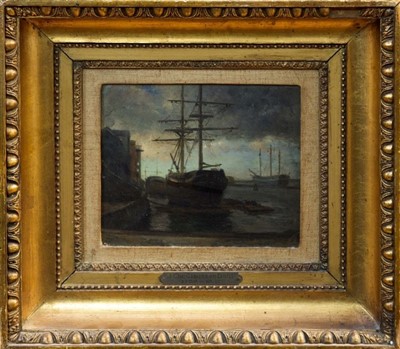 Lot 1243 - Manner of John Christian Clausen Dahl (1788 - 1857), oil on board - boats in a harbour in low light, signed and indistinctly inscribed verso - Jan Hufen Von Kobenhagen, 18cm x 19cm, framed