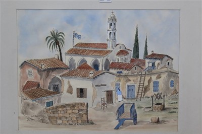 Lot 1196 - John Sabry (1914-2006) ink and watercolour - Kato Drys Village, Cyprus 1972, titles, signed and dated, in glazed frame, 48cm x 50cm