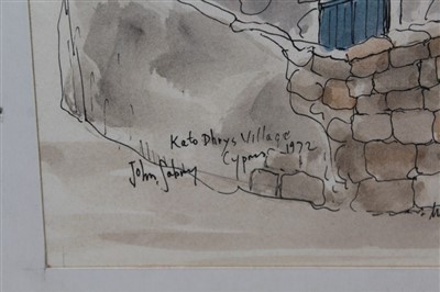 Lot 1196 - John Sabry (1914-2006) ink and watercolour - Kato Drys Village, Cyprus 1972, titles, signed and dated, in glazed frame, 48cm x 50cm