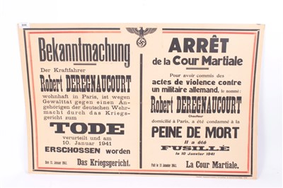 Lot 606 - Scarce Second World War Nazi poster from Occupied France detailing the Court Marshall of  Resistance fighters, dated 10th January 1941, 90 x 59cm